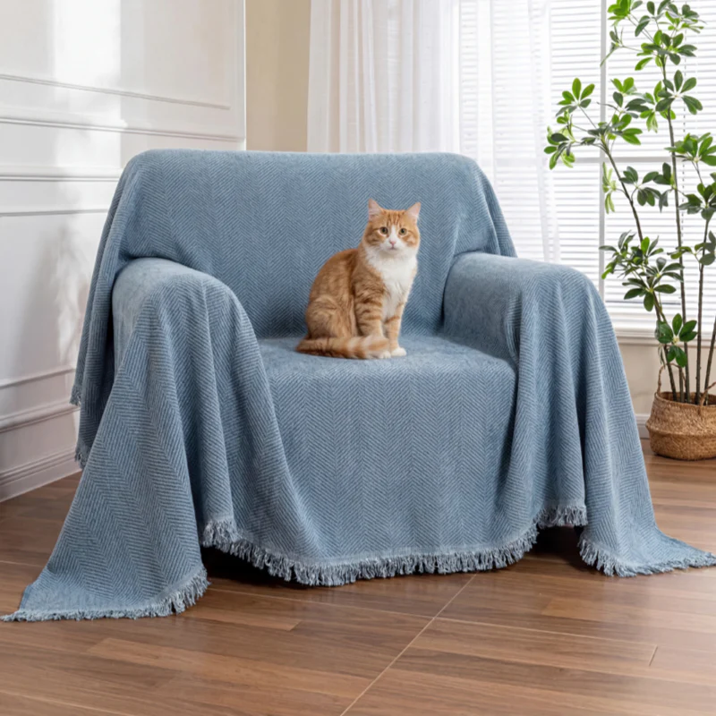 Chenille Blanket Herringbone Tassel Armchair Sofa Cover - Image 2
