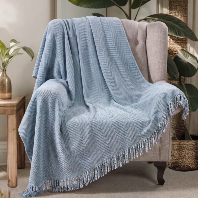 Chenille Blanket Herringbone Tassel Armchair Sofa Cover - Image 3