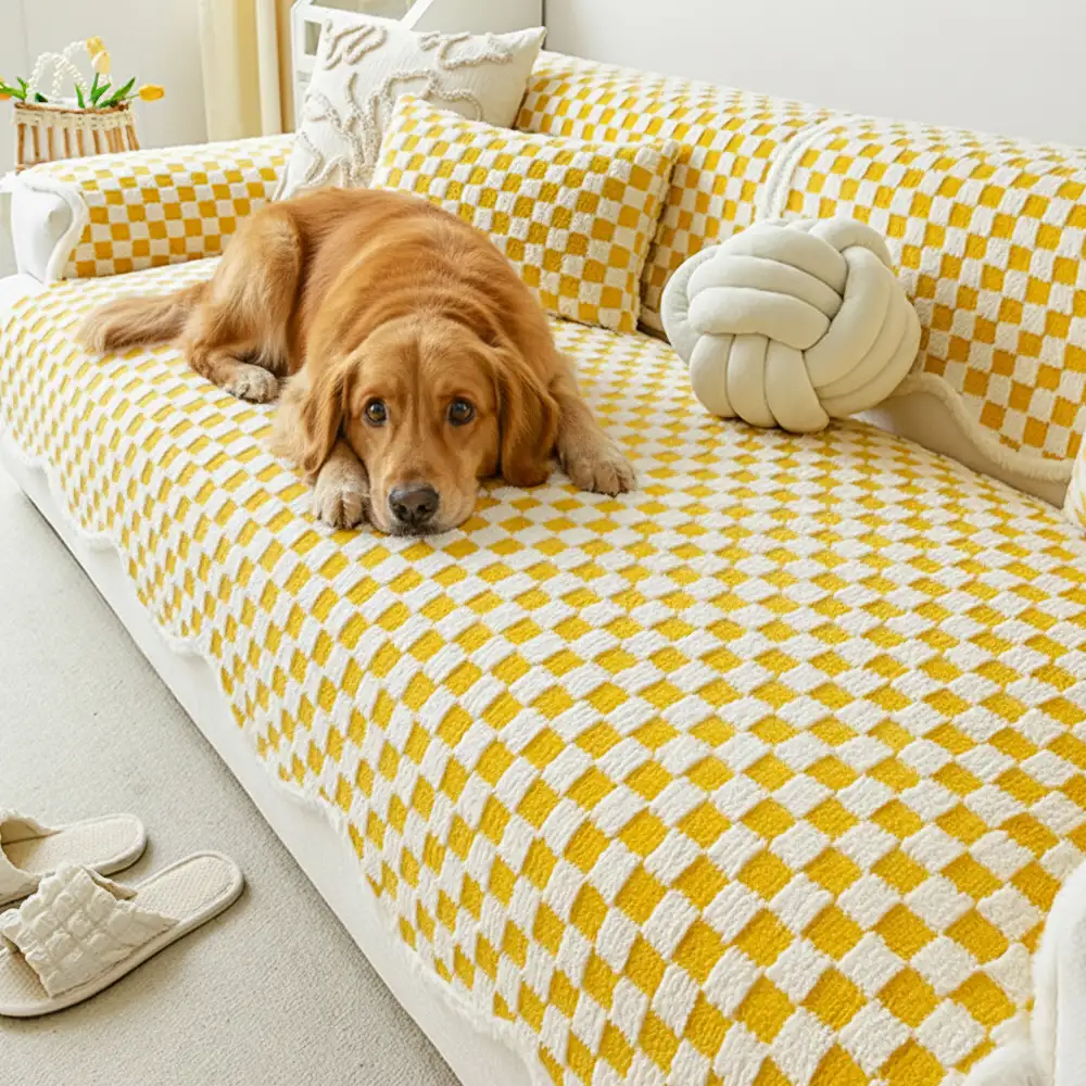 Classic Checkerboard Plush Comfortable Scratch-Resistant Non-Slip Couch Cover - Image 2