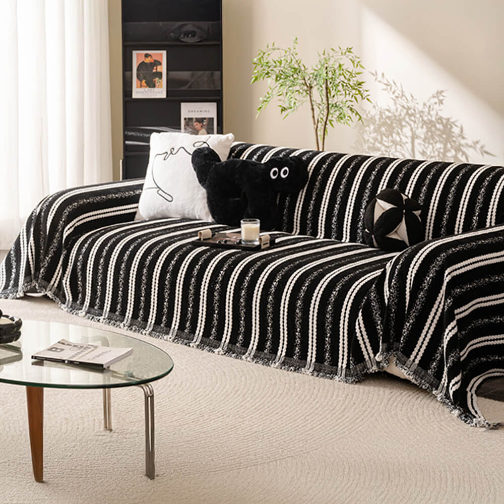 Decorative Stripe Tassel Chenille Throw Couch Cover - Image 2