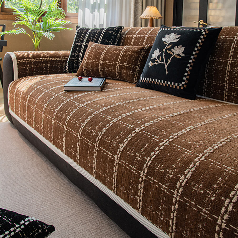 Elegant Checkered Jacquard Chenille All-Season Sofa Protector Couch Cover - Image 11