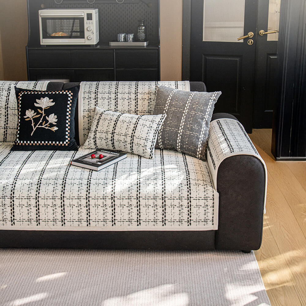 Elegant Checkered Jacquard Chenille All-Season Sofa Protector Couch Cover - Image 9