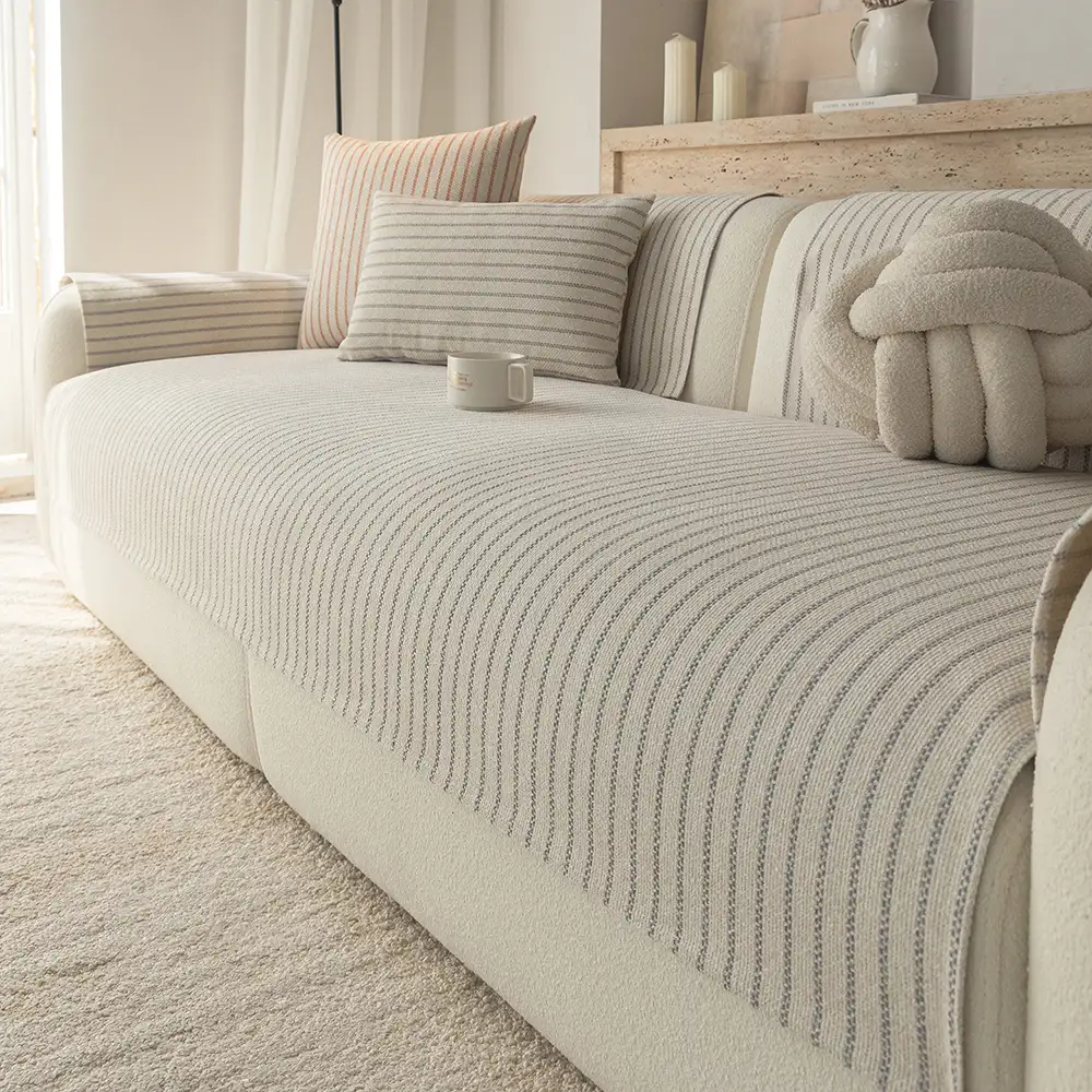 Faux Cotton-Linen Chenille Striped Breathable Scratch-Resistant Couch Cover - Image 4
