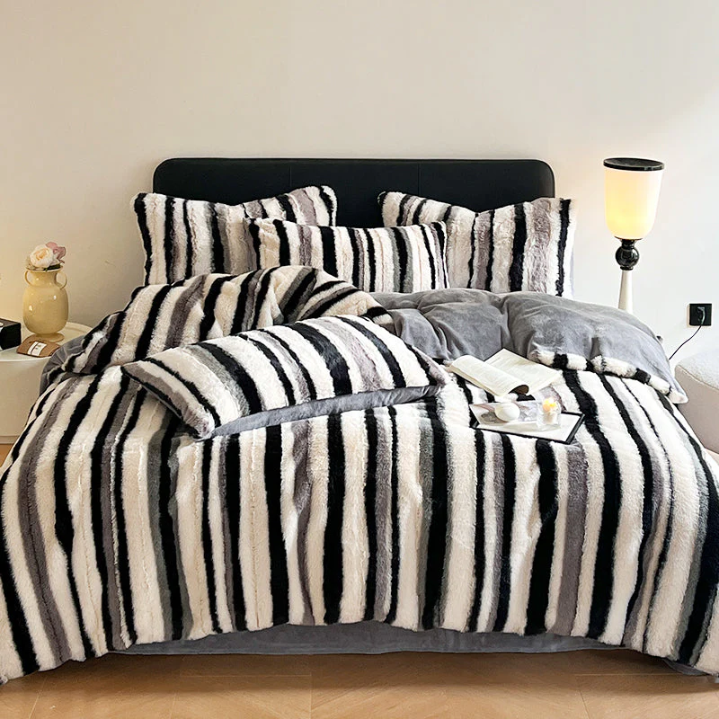 Irregular Ombre Striped Warm Thick Faux Rabbit Fur Anti-Static Bed Sheet Set - Image 2