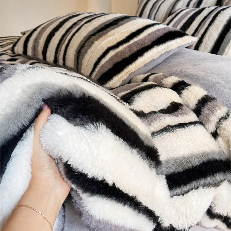 Irregular Ombre Striped Warm Thick Faux Rabbit Fur Anti-Static Bed Sheet Set - Image 3