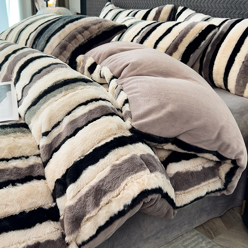 Irregular Ombre Striped Warm Thick Faux Rabbit Fur Anti-Static Bed Sheet Set - Image 5