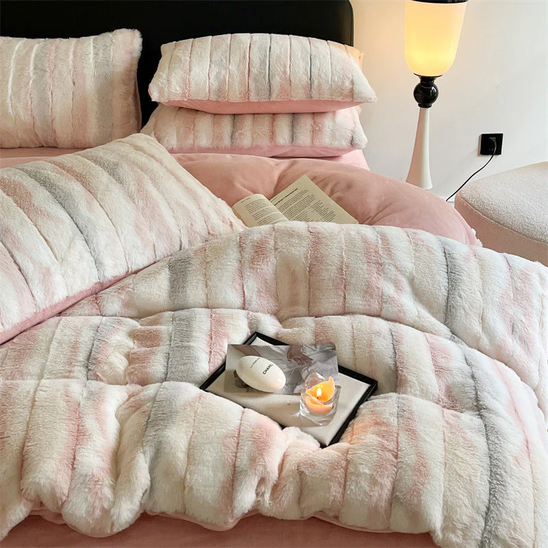 Irregular Ombre Striped Warm Thick Faux Rabbit Fur Anti-Static Bed Sheet Set - Image 7