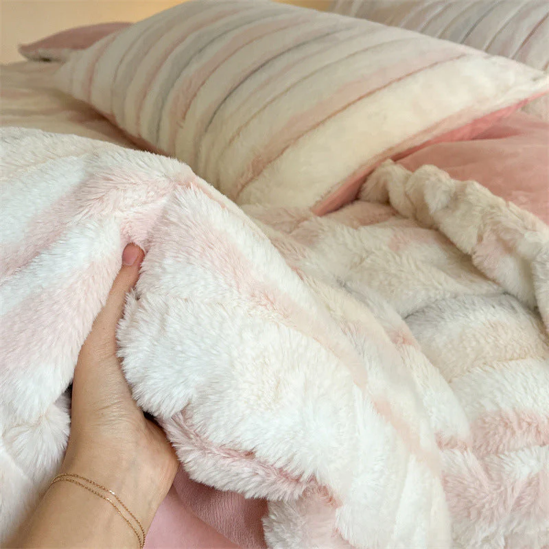 Irregular Ombre Striped Warm Thick Faux Rabbit Fur Anti-Static Bed Sheet Set - Image 8