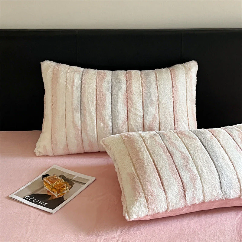 Irregular Ombre Striped Warm Thick Faux Rabbit Fur Anti-Static Bed Sheet Set - Image 9