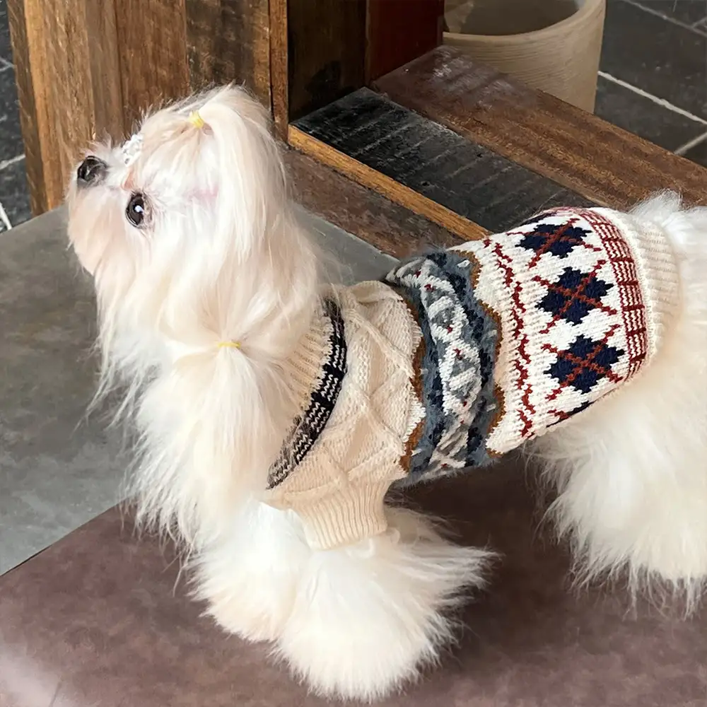 Knitted Fair Isle Diamond Dog Sweater - Image 4