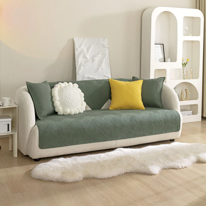 Minimalist All-Season Solid Cotton Geometric Quilted Anti-Slip Couch Cover - Image 17