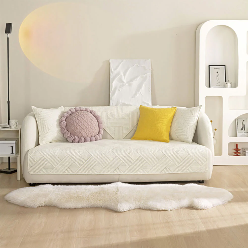 Minimalist All-Season Solid Cotton Geometric Quilted Anti-Slip Couch Cover - Image 20
