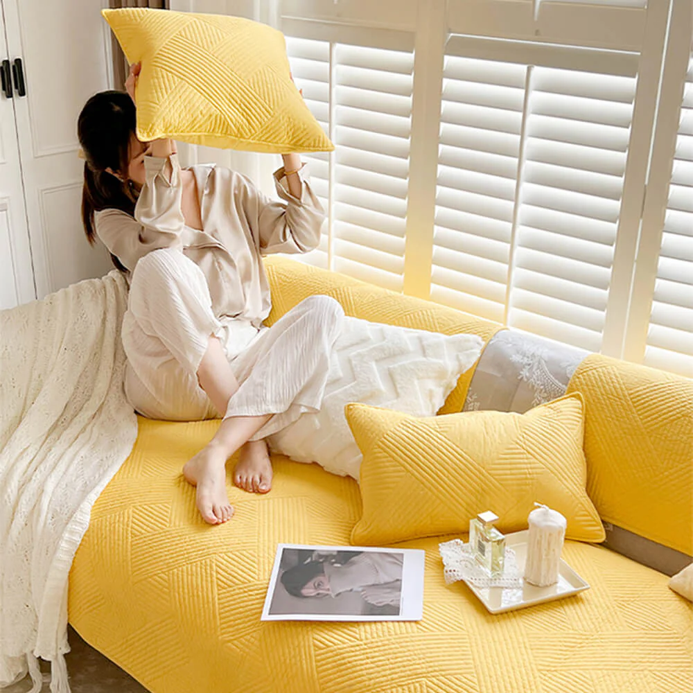 Minimalist All-Season Solid Cotton Geometric Quilted Anti-Slip Couch Cover - Image 5
