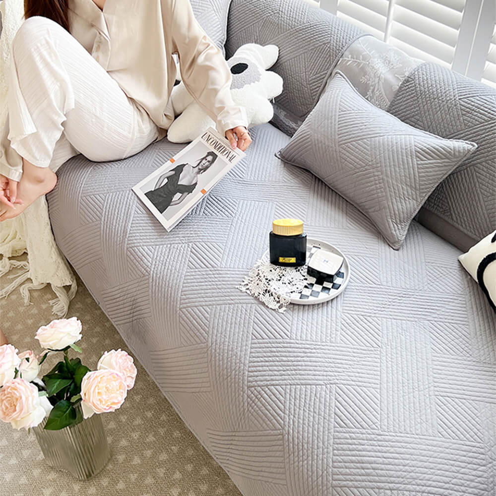 Minimalist All-Season Solid Cotton Geometric Quilted Anti-Slip Couch Cover - Image 9