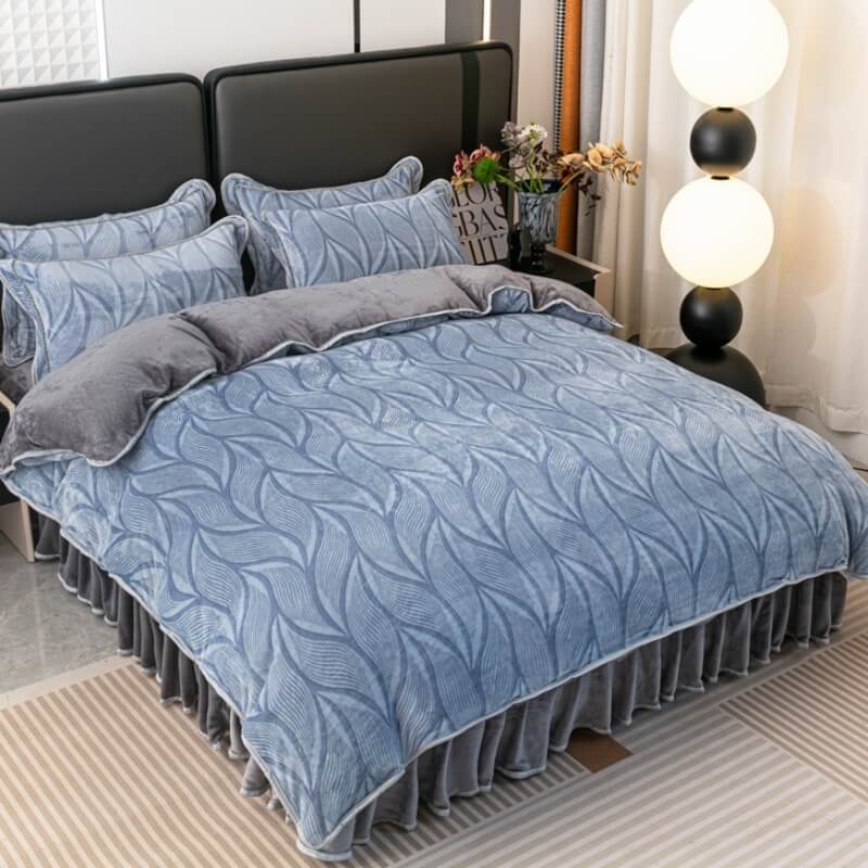 Modern Leaf Pattern Soft Milk Velvet Bed Sheet Set with Bed Skirt - Image 6