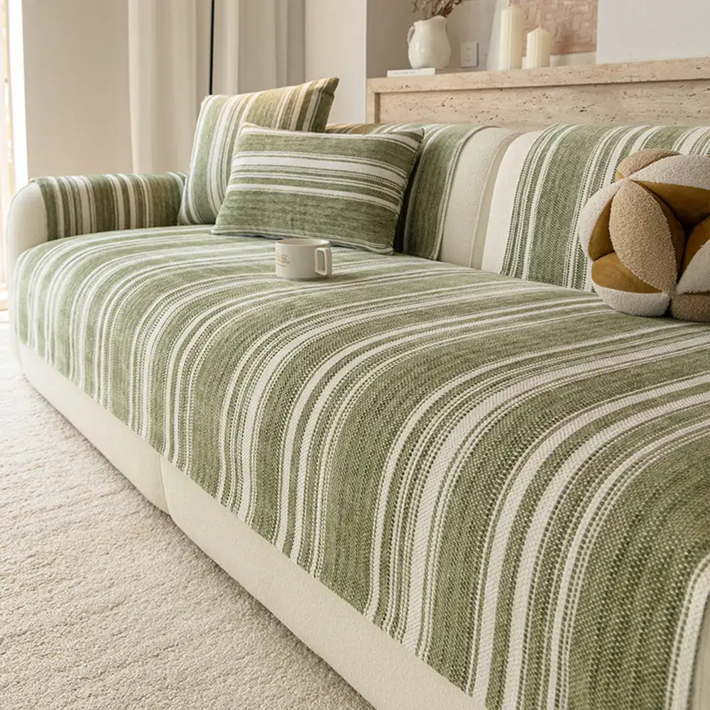 Natural Stripe Chenille Thickend Sofa Protection Washable Non-Slip Couch Cover - Image 10