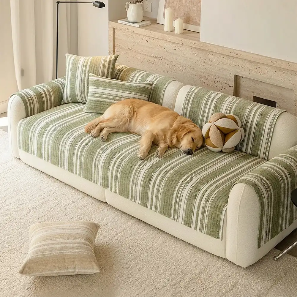 Natural Stripe Chenille Thickend Sofa Protection Washable Non-Slip Couch Cover - Image 11