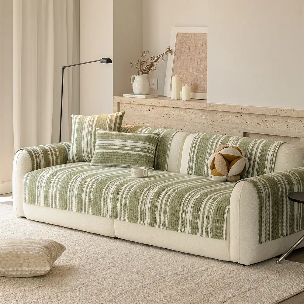 Natural Stripe Chenille Thickend Sofa Protection Washable Non-Slip Couch Cover - Image 12