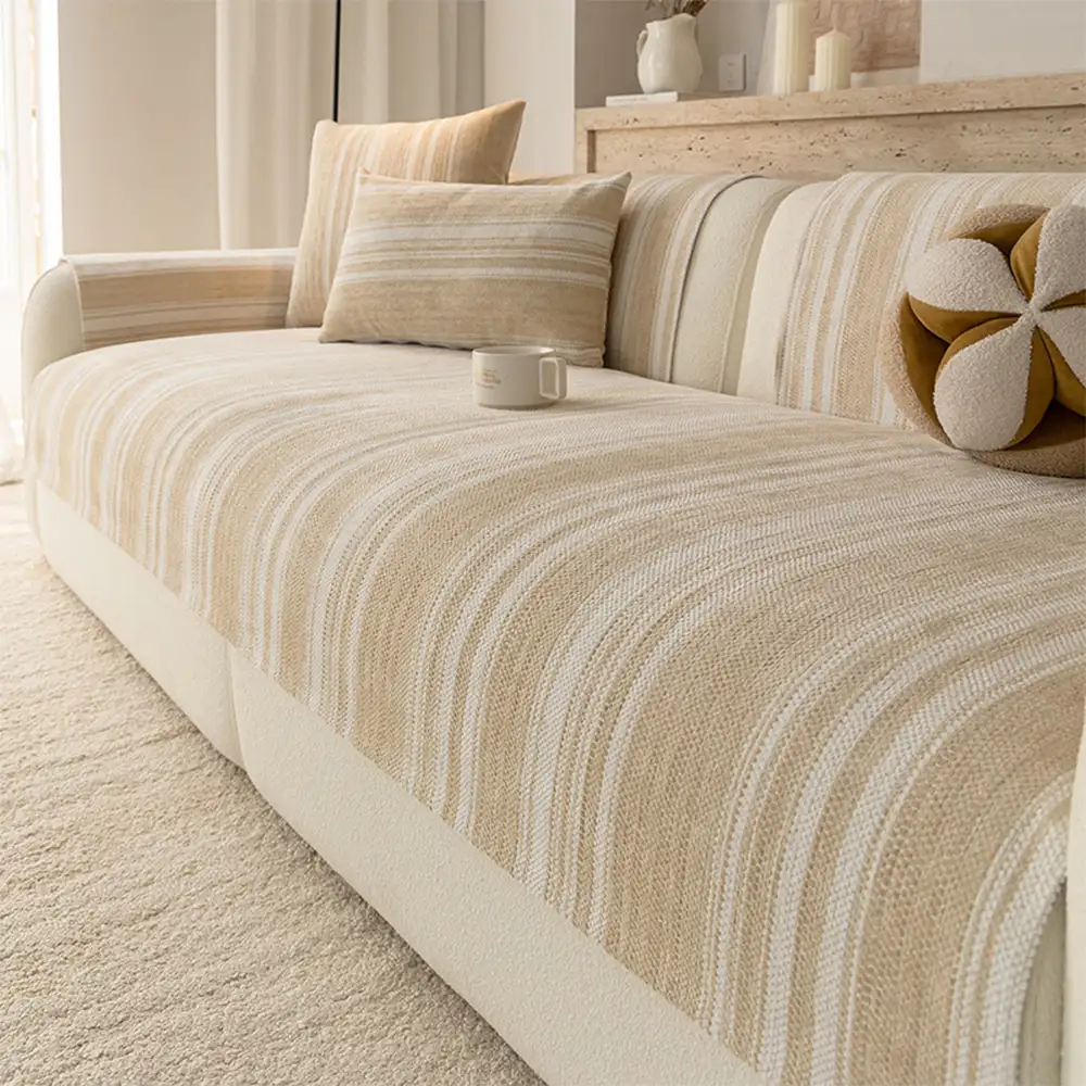 Natural Stripe Chenille Thickend Sofa Protection Washable Non-Slip Couch Cover - Image 3
