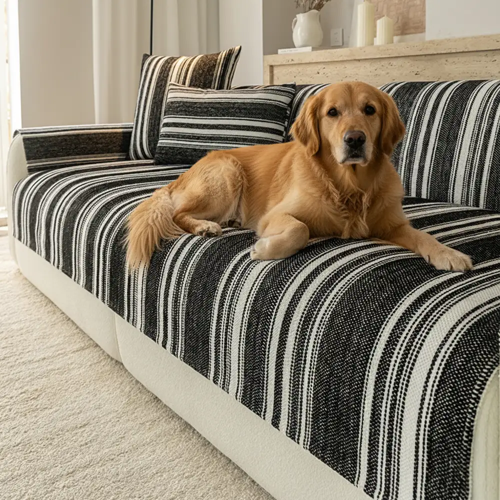 Natural Stripe Chenille Thickend Sofa Protection Washable Non-Slip Couch Cover - Image 4