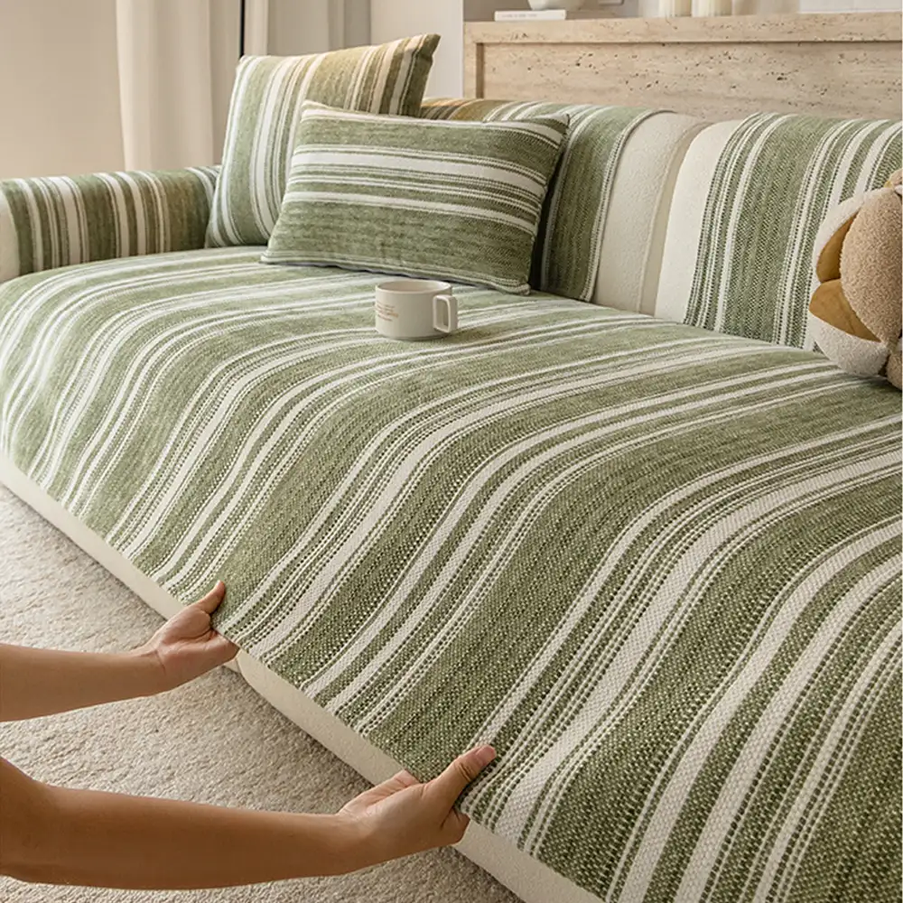 Natural Stripe Chenille Thickend Sofa Protection Washable Non-Slip Couch Cover - Image 5