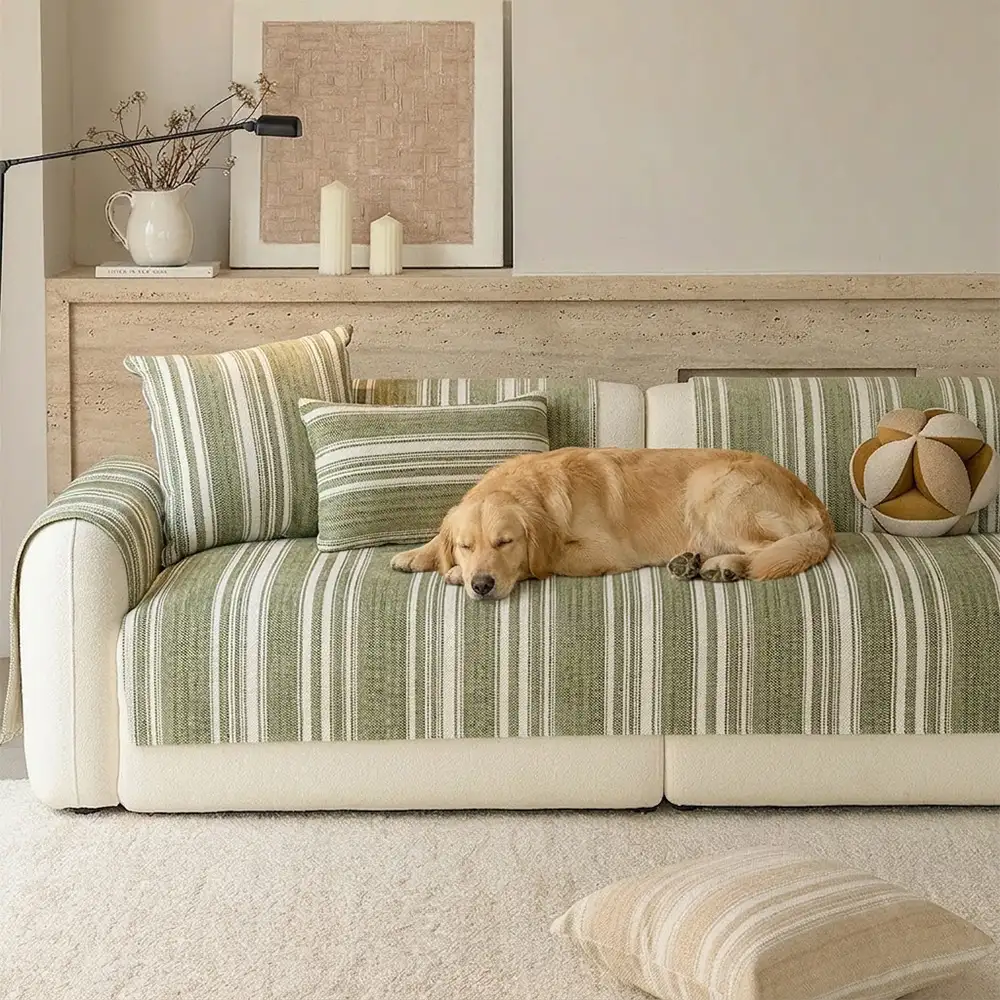Natural Stripe Chenille Thickend Sofa Protection Washable Non-Slip Couch Cover - Image 7
