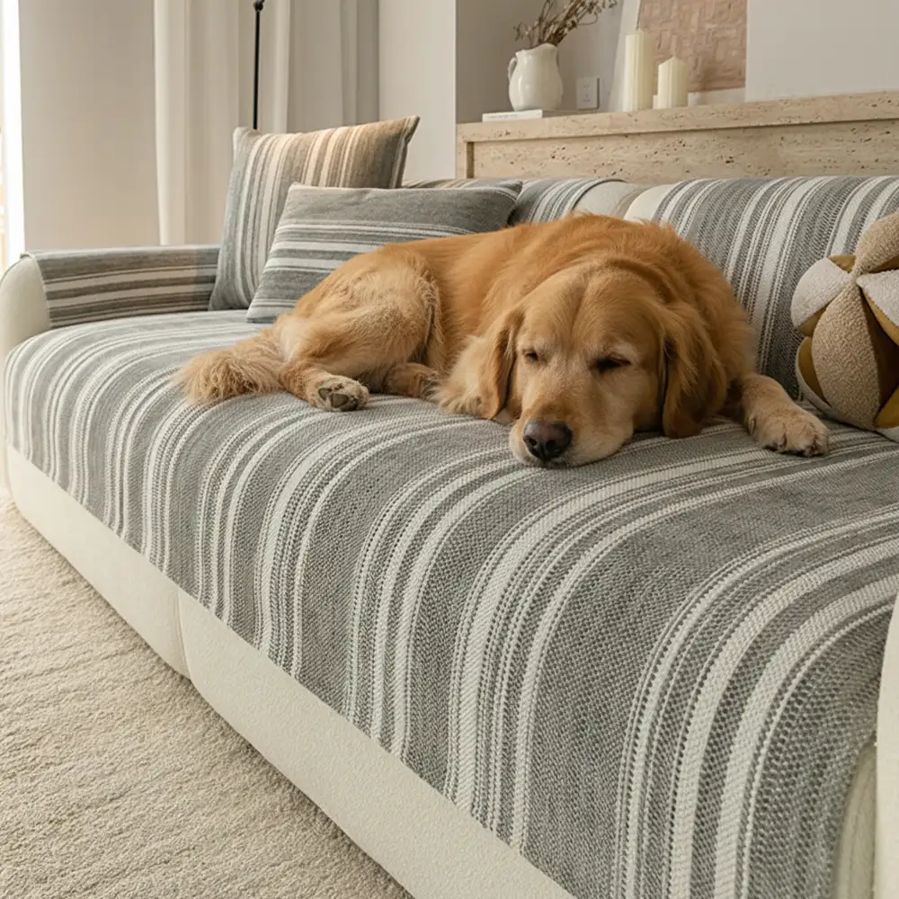 Natural Stripe Chenille Thickend Sofa Protection Washable Non-Slip Couch Cover - Image 8