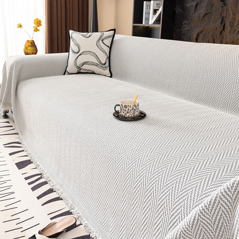Premium Herringbone Chenille Fringe Full Coverage Couch Cover - Image 5