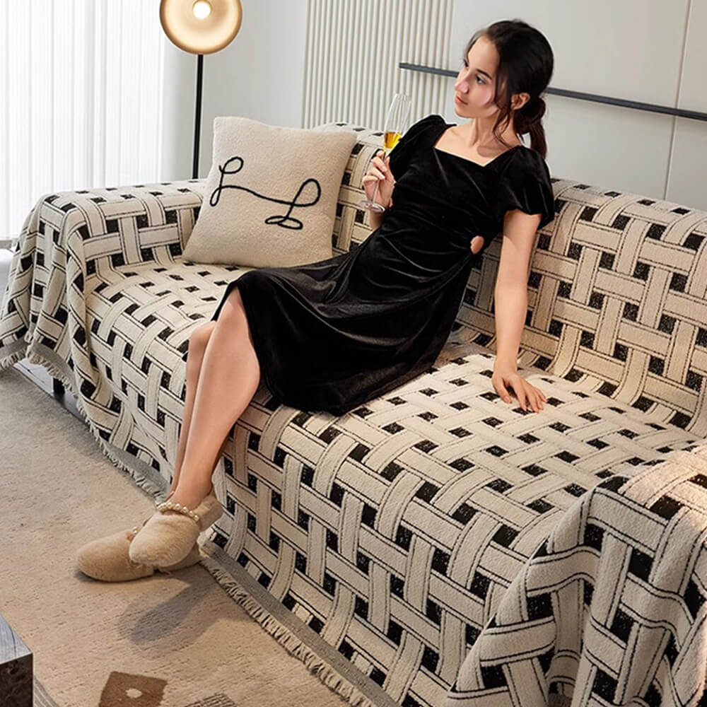 Stylish Checkered Fringed Tassel Chenille Sofa Protector Throw Couch Cover - Image 8