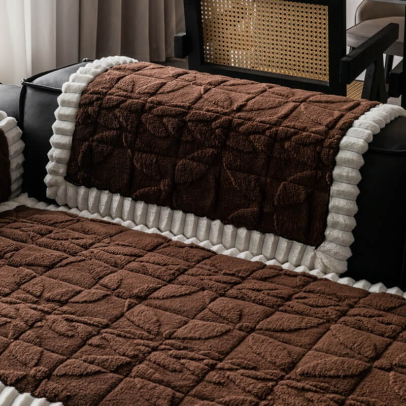 Thickened Short Plush Leaf Pattern Scratch Resistant Non-Slip Couch Cover - Image 9
