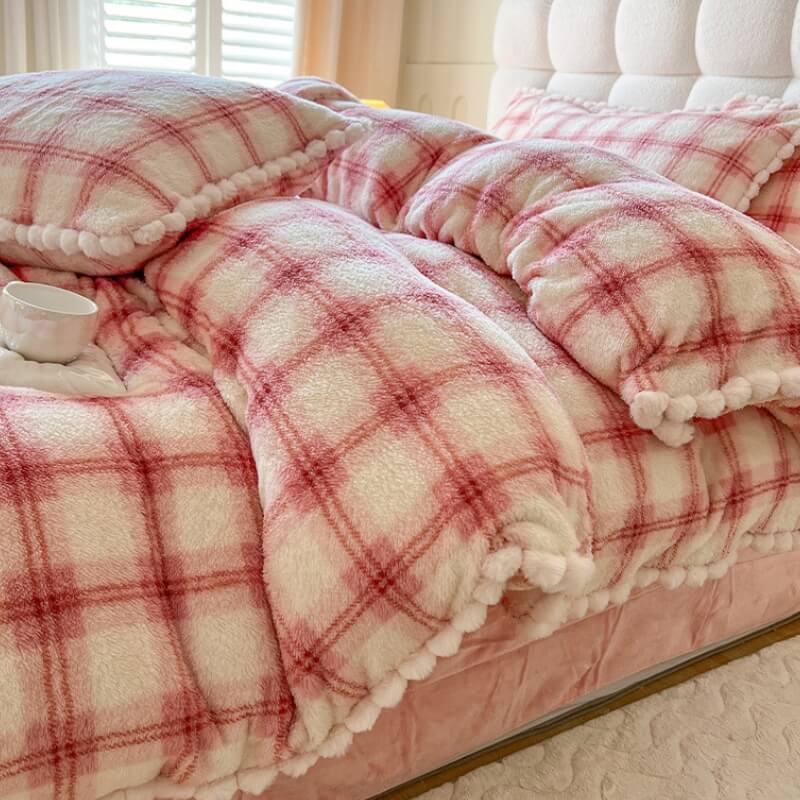 Trendy Fluffy Plaid Soft Plush Bed Sheet Set - Image 10
