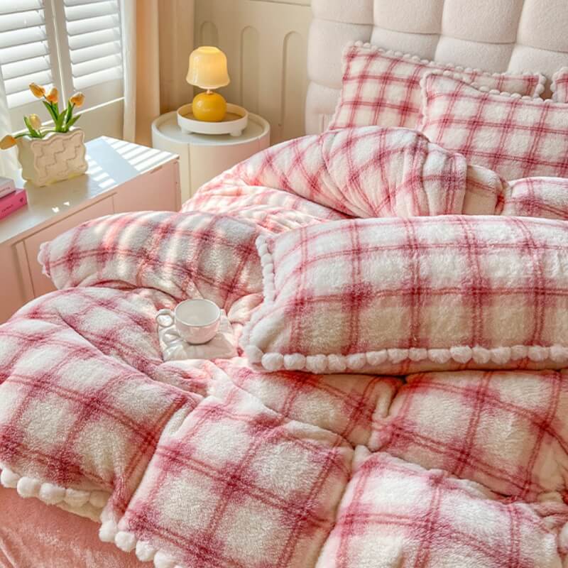 Trendy Fluffy Plaid Soft Plush Bed Sheet Set - Image 11
