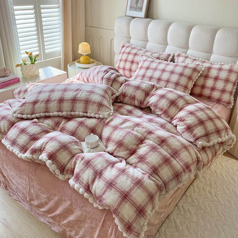 Trendy Fluffy Plaid Soft Plush Bed Sheet Set - Image 2