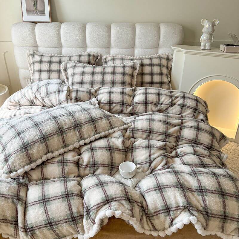 Trendy Fluffy Plaid Soft Plush Bed Sheet Set - Image 3