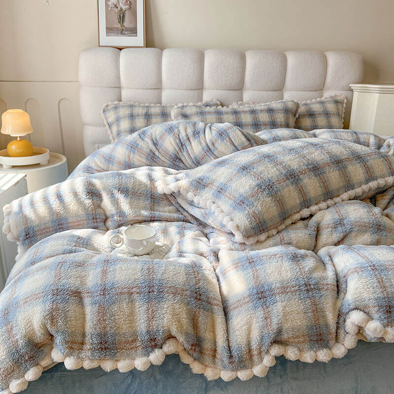 Trendy Fluffy Plaid Soft Plush Bed Sheet Set - Image 4