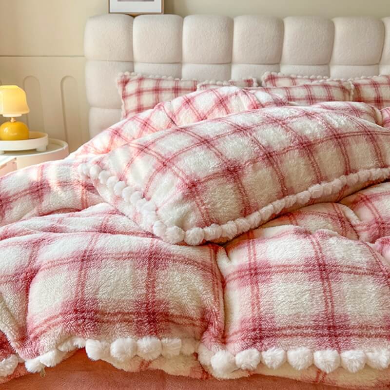 Trendy Fluffy Plaid Soft Plush Bed Sheet Set - Image 7