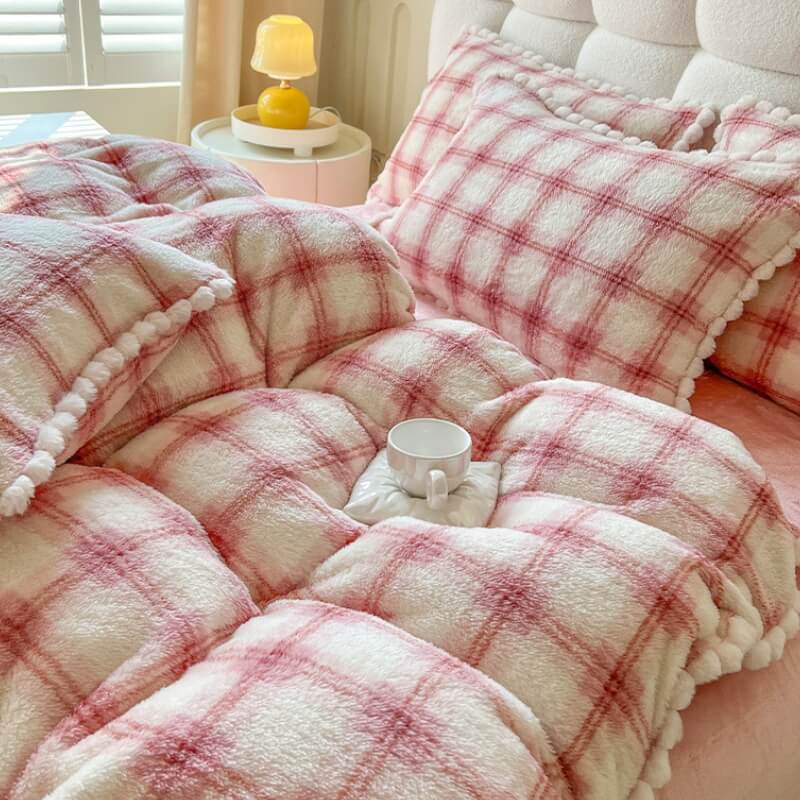 Trendy Fluffy Plaid Soft Plush Bed Sheet Set - Image 9