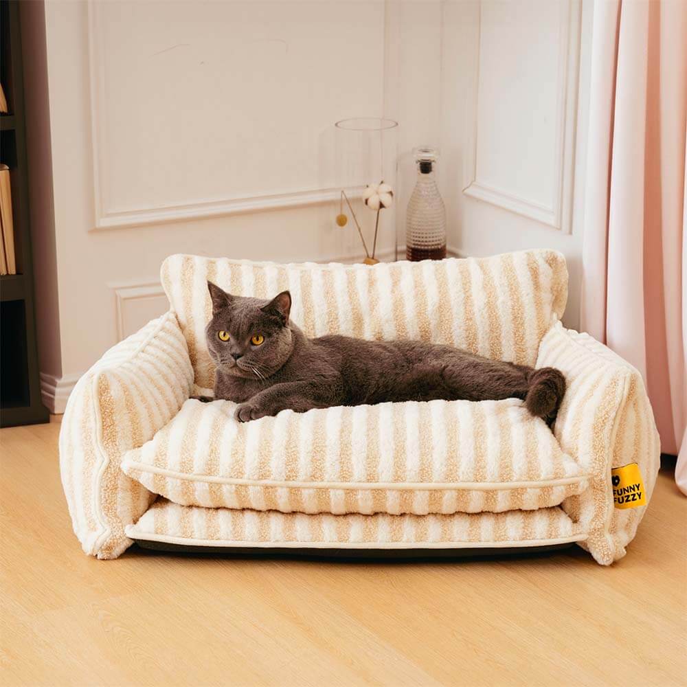 Trendy Striped Faux Lambswool Double Layer Cat Couch Sofa Bed - Image 2