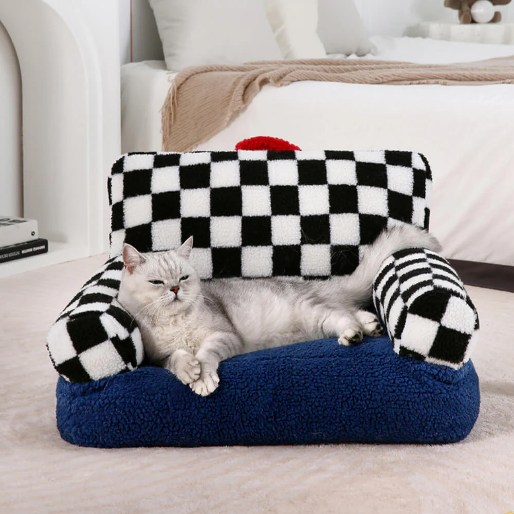 Vintage Checkered Washable Cozy Support Calming Dog & Cat Sofa Bed - Image 3
